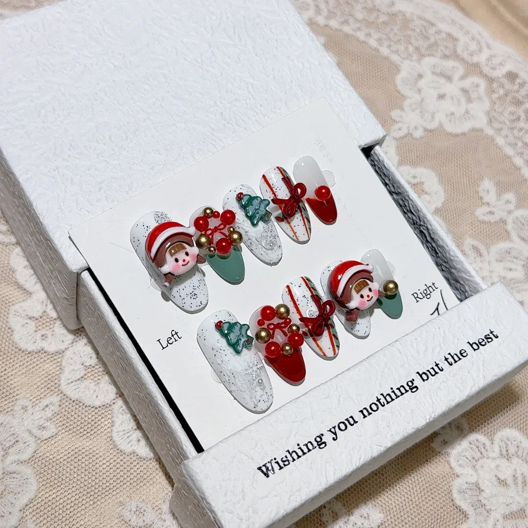 Handmade Wearable Nails Removable Reusable Red Green French Cute Girls Christmas Tree Wreath Bell Bow Fake Nails