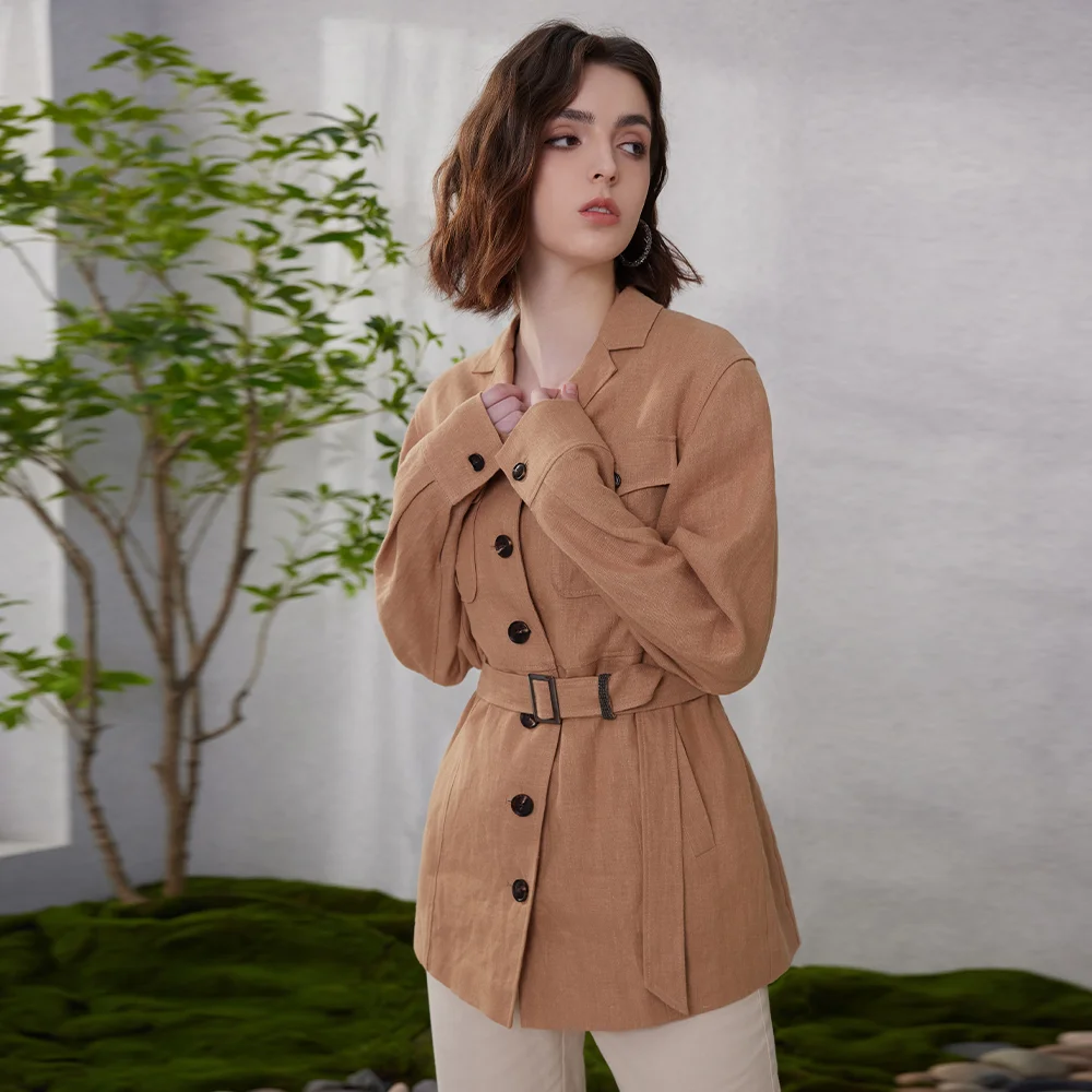 

K2198W Luxury Minimalist Women’s Linen Shirt Jacket Belted Waist 100% Linen Fabric Utility Pockets Stylish Spring Casual Coat