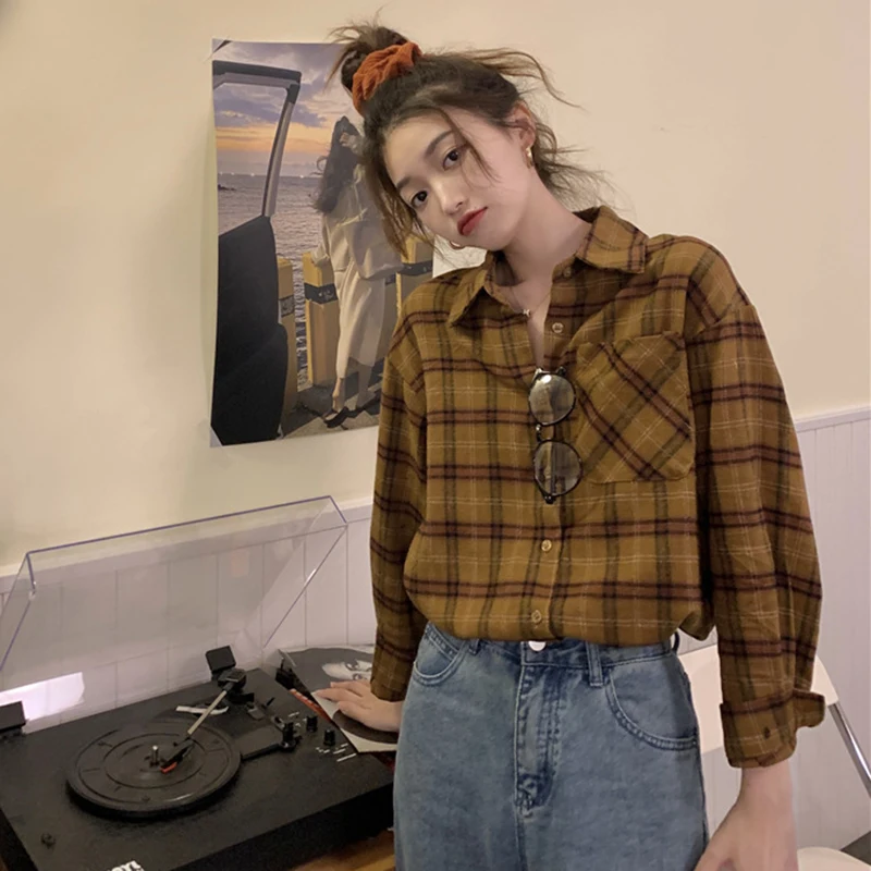 

Осень-зима 2022, рубашка с длинными рукавами и карманами, женская блузка в стиле Харадзюку с отложным воротником, женские винтажные свободные клетчатые рубашки для женщин