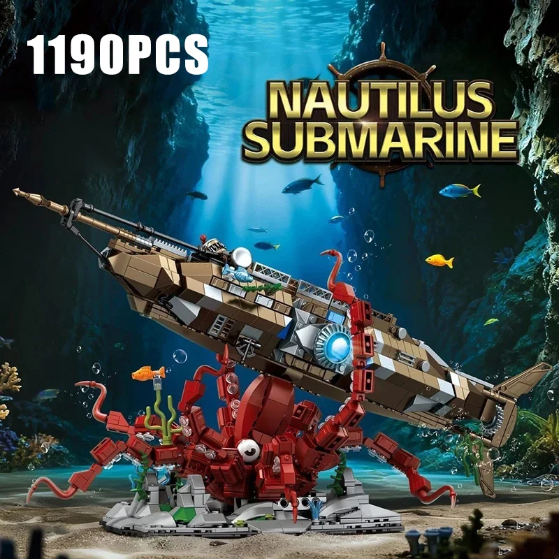 1190 stücke Nautilus Schiff Octopus Montage Spielzeug U-boot Modell Unterwasser Feld Display kinder Geschenk Pädagogisches Spaß Bausteine