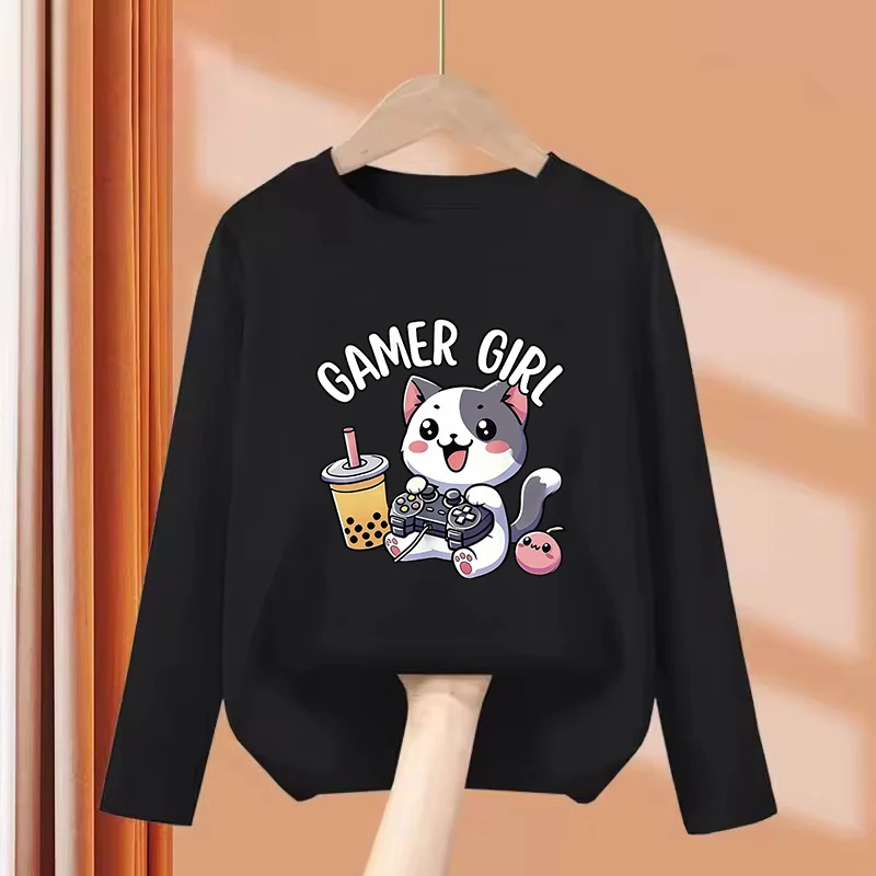 Long Sleeve Cute Cat Gamer Girl Graphic Kids Tshirts Summer Tees Cartoon Boys Girls Clothes Kawaii Tops Y2K Children T-shirt