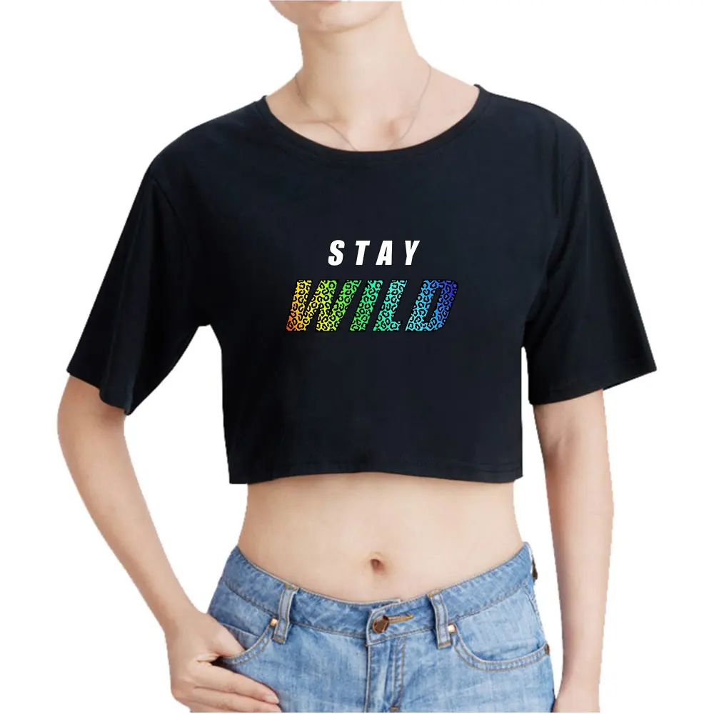 

Ben Azelart Stay Wild Vintage 90s Crop Top Exposed Navel T-Shirt Oversize ONeck Tops Funny Tshirt Fashion Women