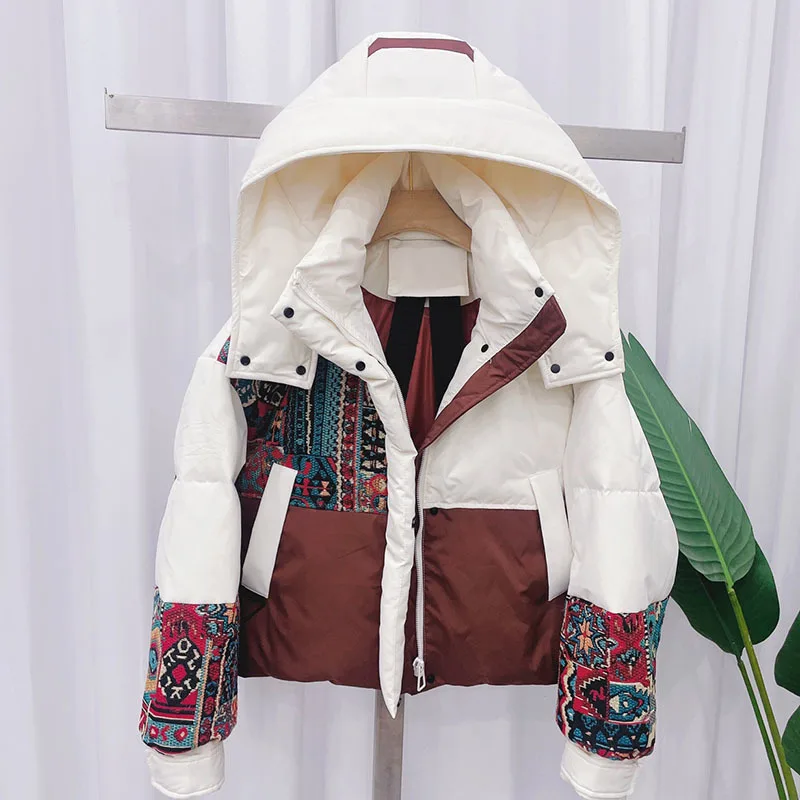 Short Down Jacket for Women Hooded Coats Windproof Warm, Loose Patchwork Korean Popular Clothes Fashion