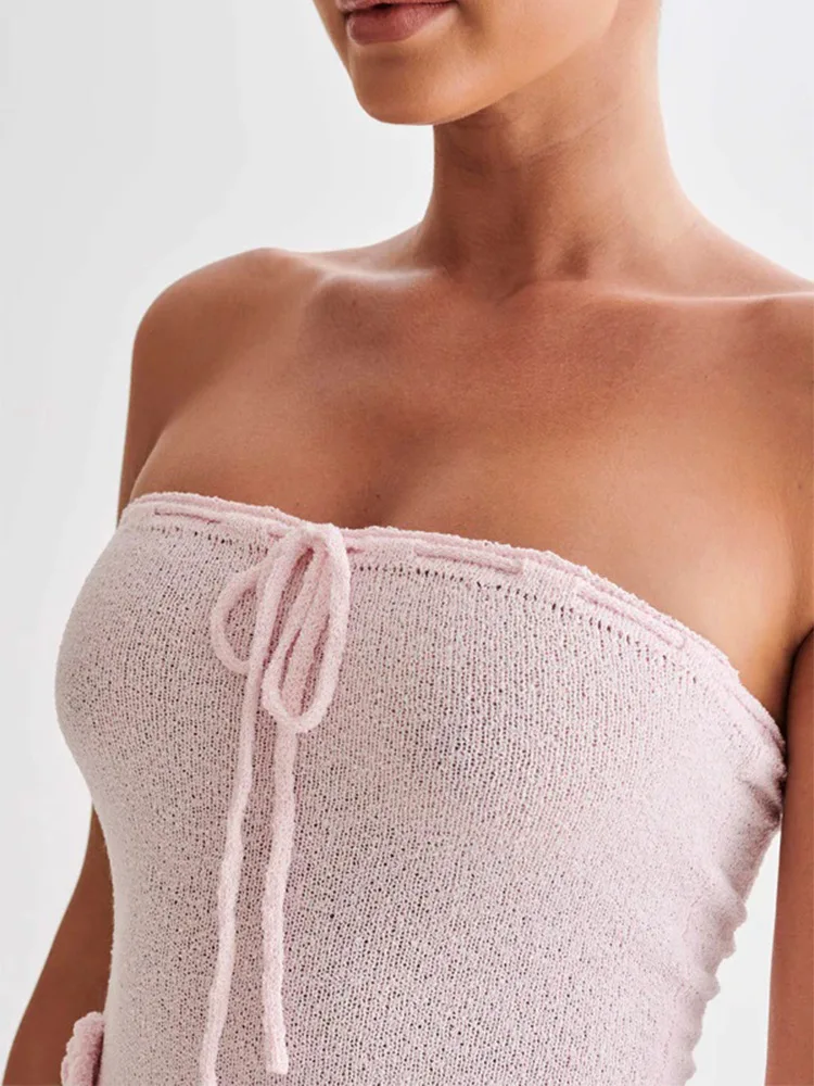 Elegant Pink Strapless Mini Dress Sexy Women 3d Flower Lace Up Backless Tight Short Dresses Evening Party Resort 2025 Summer New