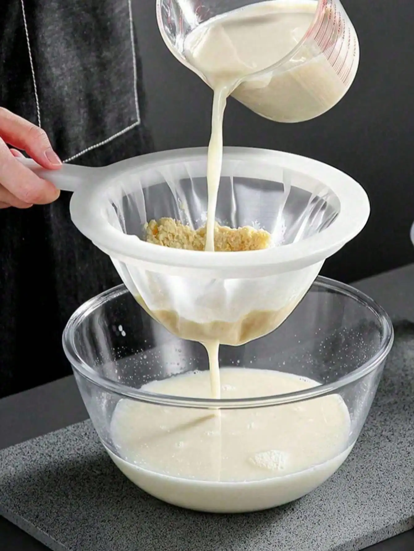 Cesta de filtro multifunción, colador de alimentos de plástico, filtro para leche de soja, filtro para jugo, filtro para alimentos, filtro para hojas de té, filtro de malla fina de nailon, con mango ergonómico para un fácil agarre, adecuado para hornear y preparar comidas, aplicable para leche de soja, café.