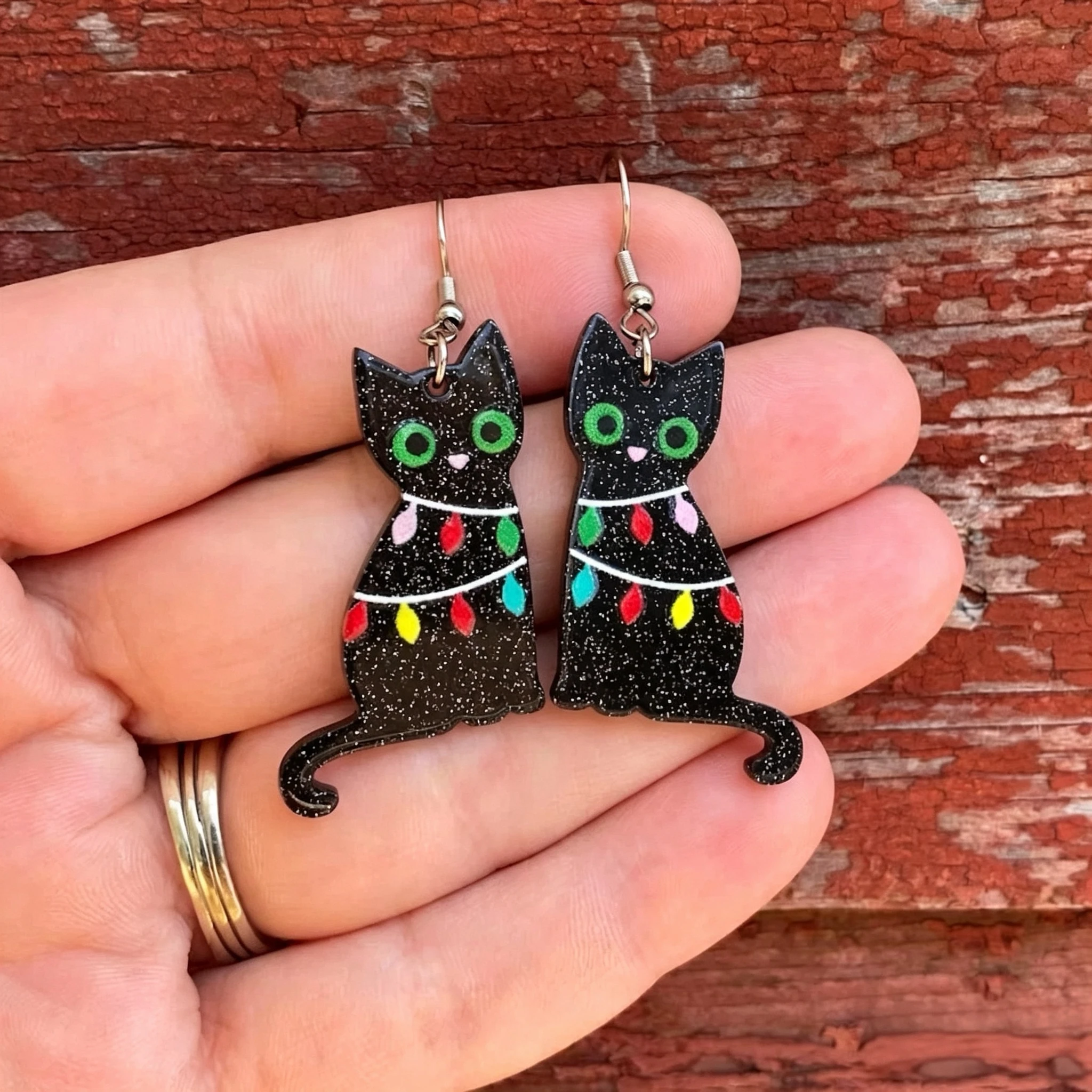 1 Pair Cats Wrapped in Lights Christmas Holiday Unqiue Novelty Dangle Earrings