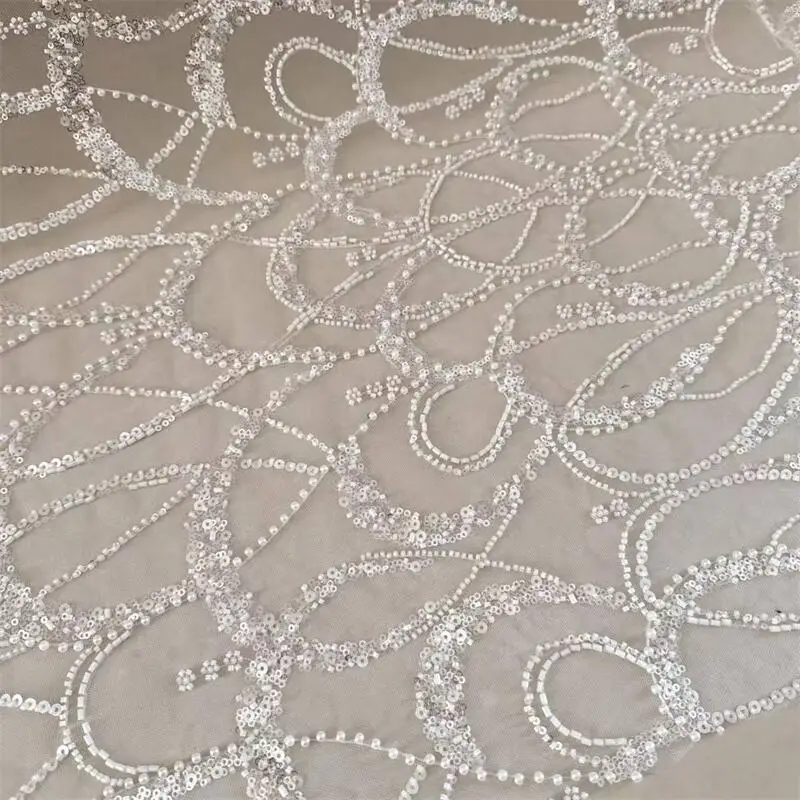 Perlen-Pailletten-Kronen-Gitter-Spitzenstoff, hochwertig, luxuriöses Abendkleid, französische Spitzenstoffe zum Nähen, Meterware – Detail 6