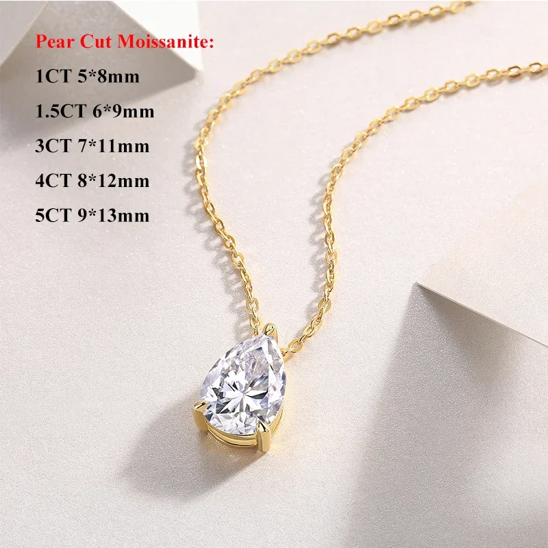 EWYA Pear Cut 1/1.5/3/4/5CT D Color Moissanite Pendant Necklace for Women Men 925 Silver Waterdrop Solitaire Diamond Neck Chain