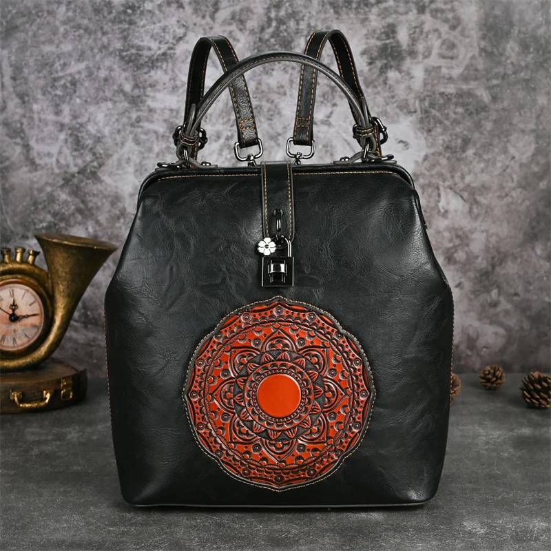 Vintage Women Leather Backpack Functional Double Ladies Shoulder Bag 2024 New Chiniese Style Handbag Female