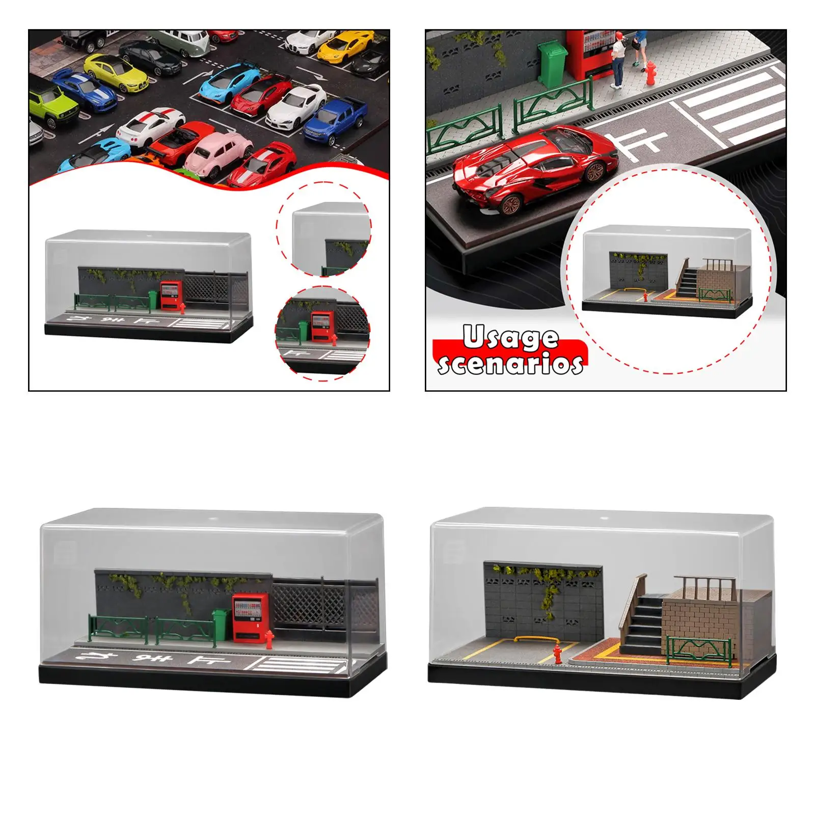 1/64 Scale Diecast Model Car Display Case สำหรับรถสปอร์ตสตรีทฉากพื้นหลังเดสก์ท็อปตกแต่งตกแต่งที่จอดรถไดโอรามา