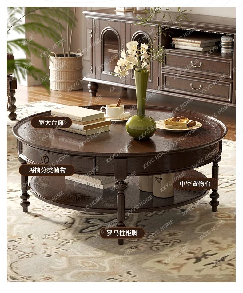 

AAVintage Solid Wood Simple Round Coffee Table Vintage Living Room Double Layer Round Tea Table