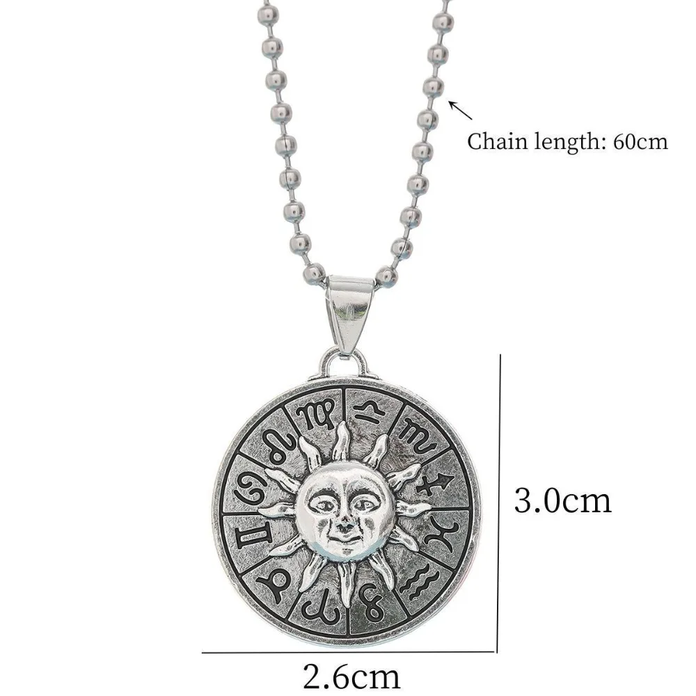 Gothic Retro Twelve Zodiac Signs Engraved Stereo Abstract Human Face Sun Pendant Necklace for Men Women Fashion Jewelry Gift