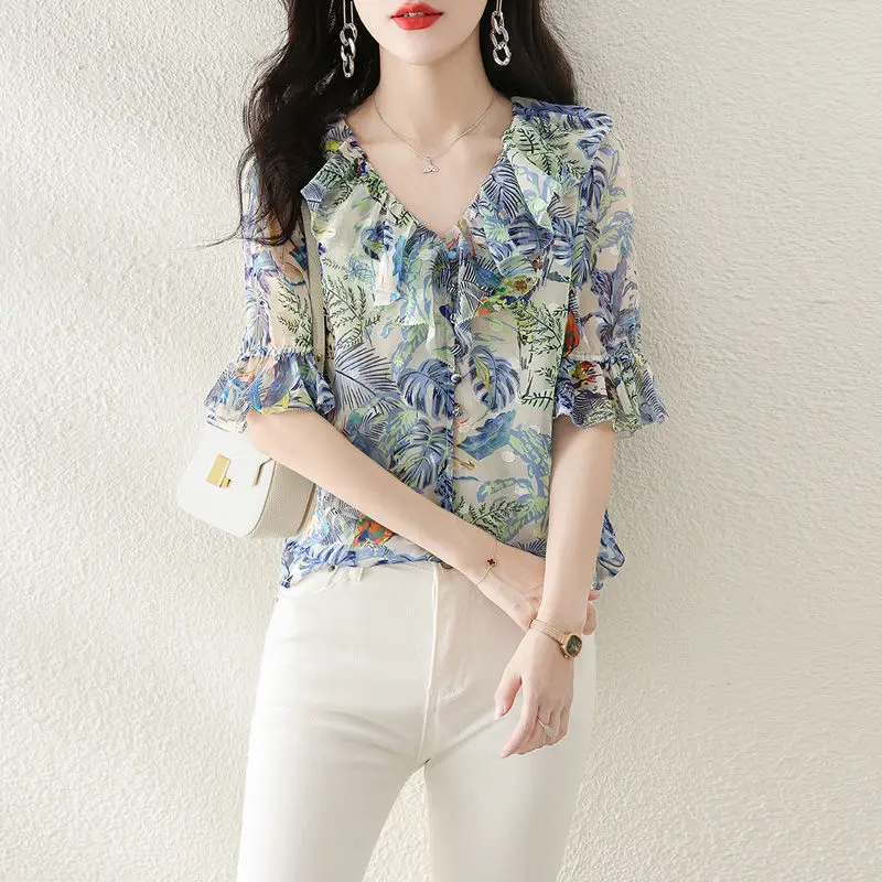 Women Ruffle Floral Print Sweet Chic Blouses 2023 Summer Korean Fashion V Neck Short Sleeve Shirt Female Simple Casual Thin Tops