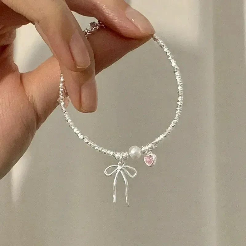 Conjunto de collar y pulsera de plata de ley 925 para mujer, pulsera con colgante de lazo de circón rosa perla, collar de lujo, joyería de moda, regalos