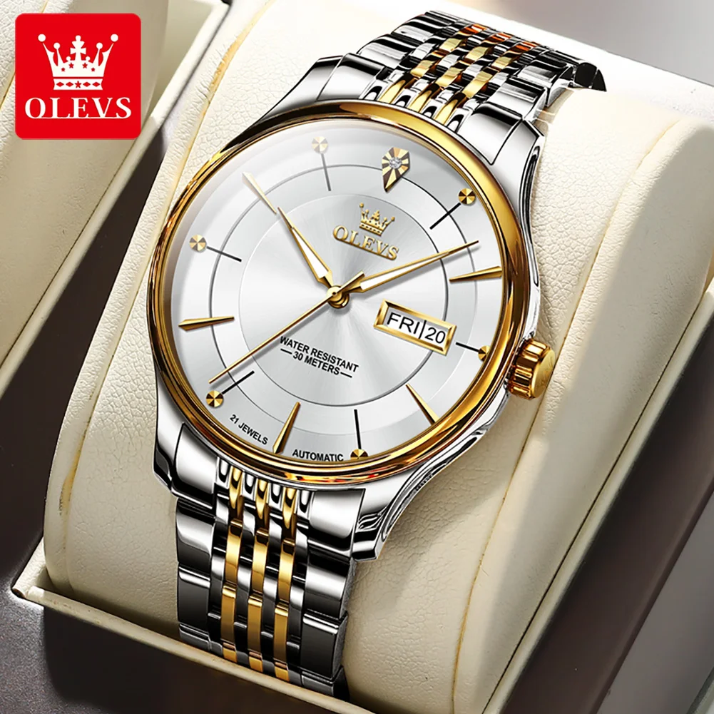 OLEVS 9927 Original Automatic Men\'s Watches Simple Dual Calendar Luxury Business Mechanical Wristwatch Stainless Steel Man Watch