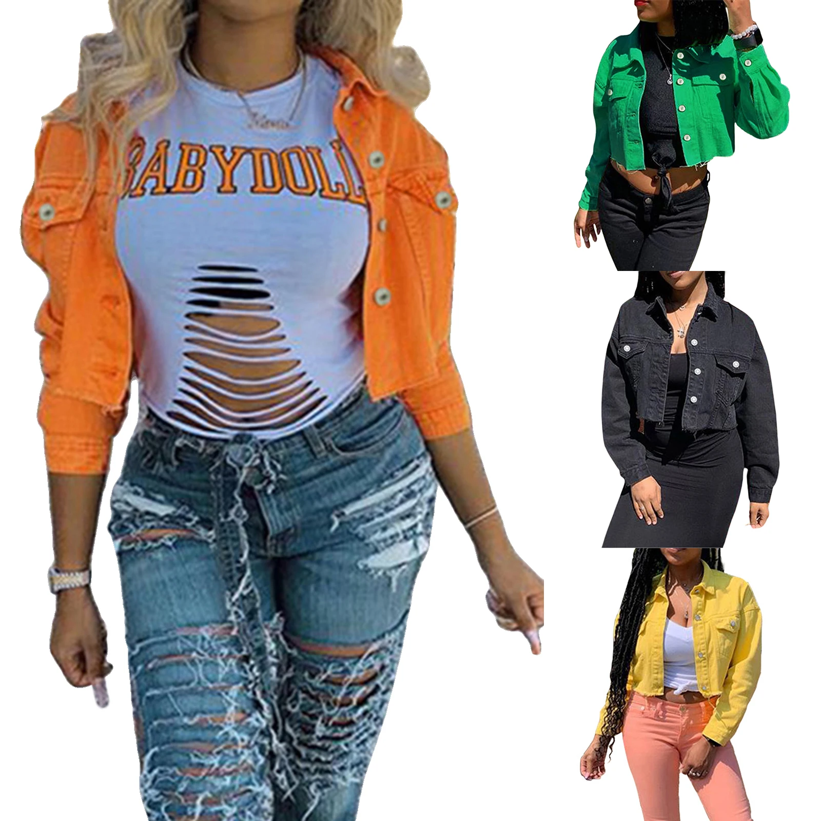 Women's Denim Short Coat, Solid Color Long Sleeve Lapel Jacket Button Down Distressed Hem Crop Jeans