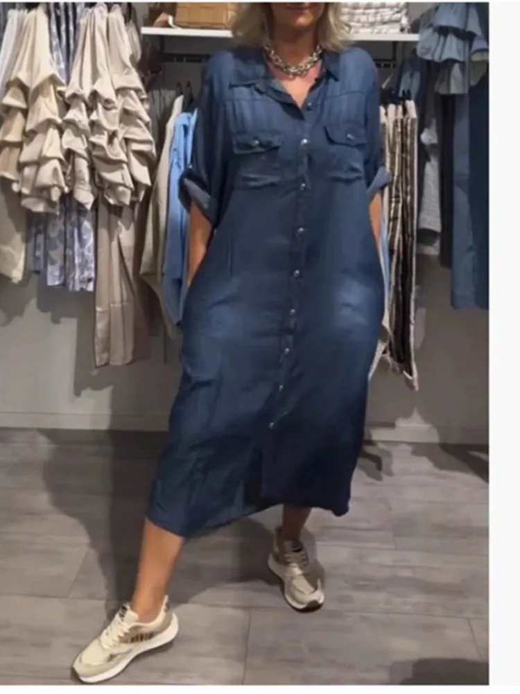 Abito casual in denim femminile Moda colletto rovesciato Tasche Camicia con bottoni Abiti per le donne Ufficio Vacanza Abbigliamento donna Estate
