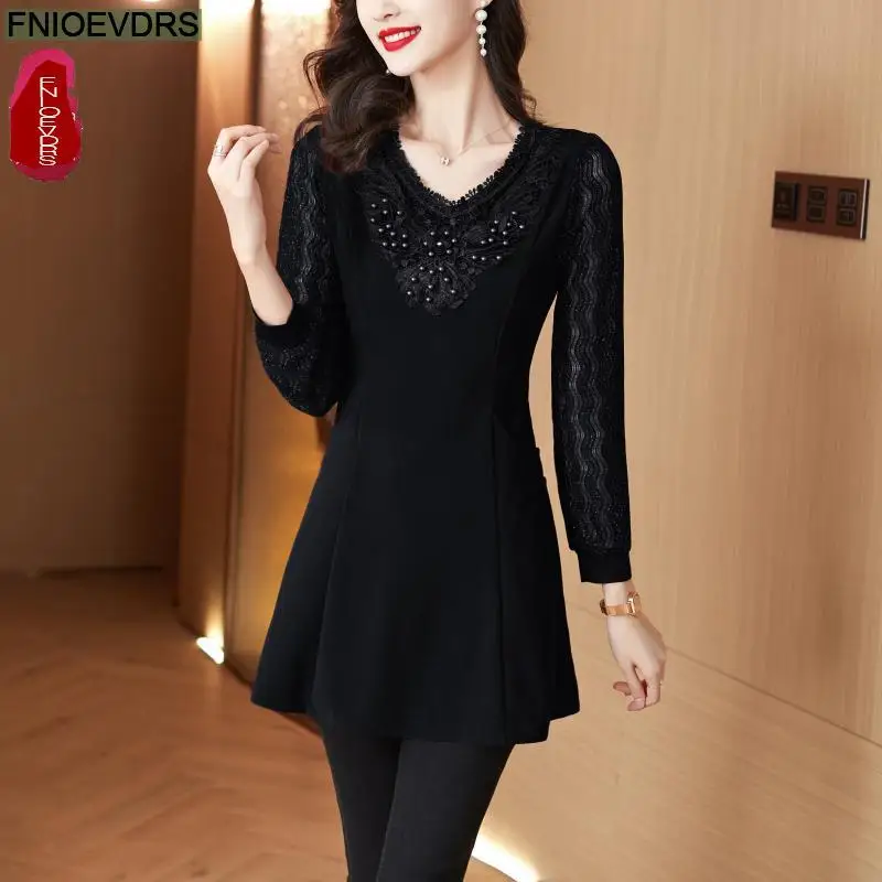 2023 Women Elegant Office Lady Retro Vintage Loose V Neck Peplum Tops Work Peplum Black Lace Long Tunic Basic Shirt Blouse