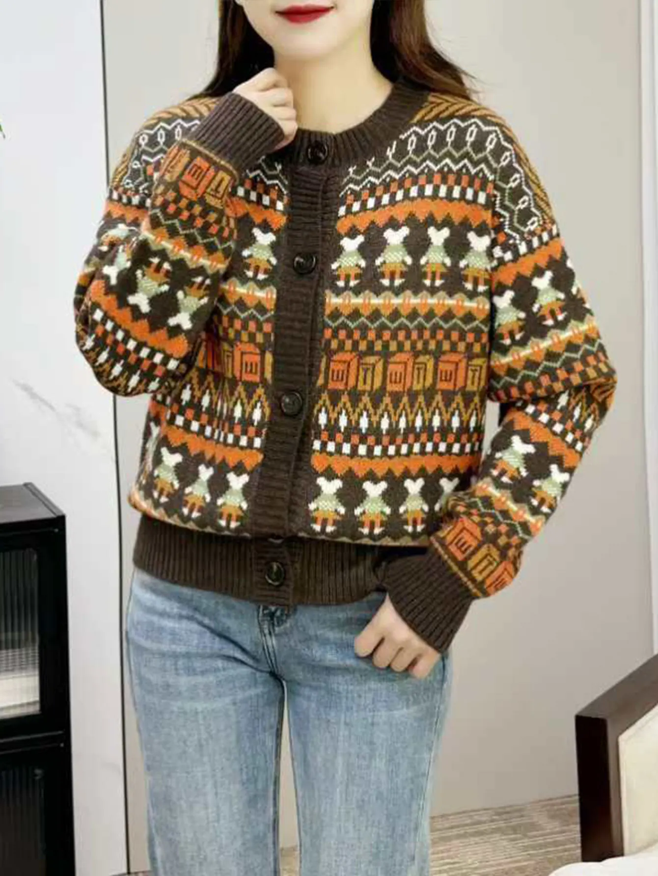 

Женский кардиган с длинными рукавами, осенне-зимний принт, повседневная однобортная одежда с круглым вырезом и пуговицами спереди, удобная повседневная верхняя одежда