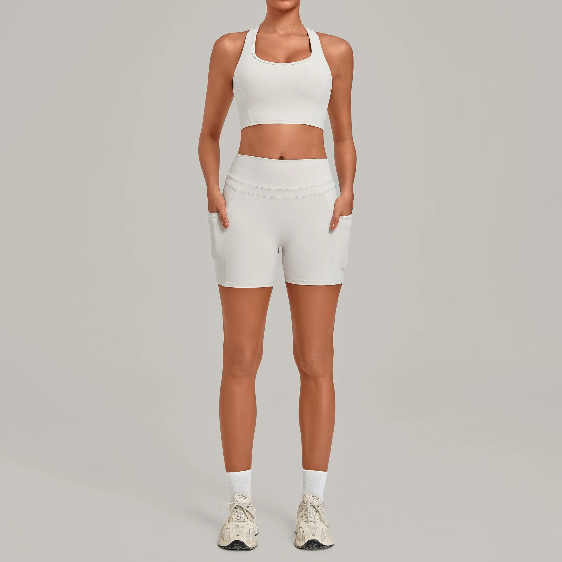 New Yoga Outfit Set Tank Top with High-waisted Shorts Featuring Side Pockets for Sports Fitness and Pilates Two-piece Activewear