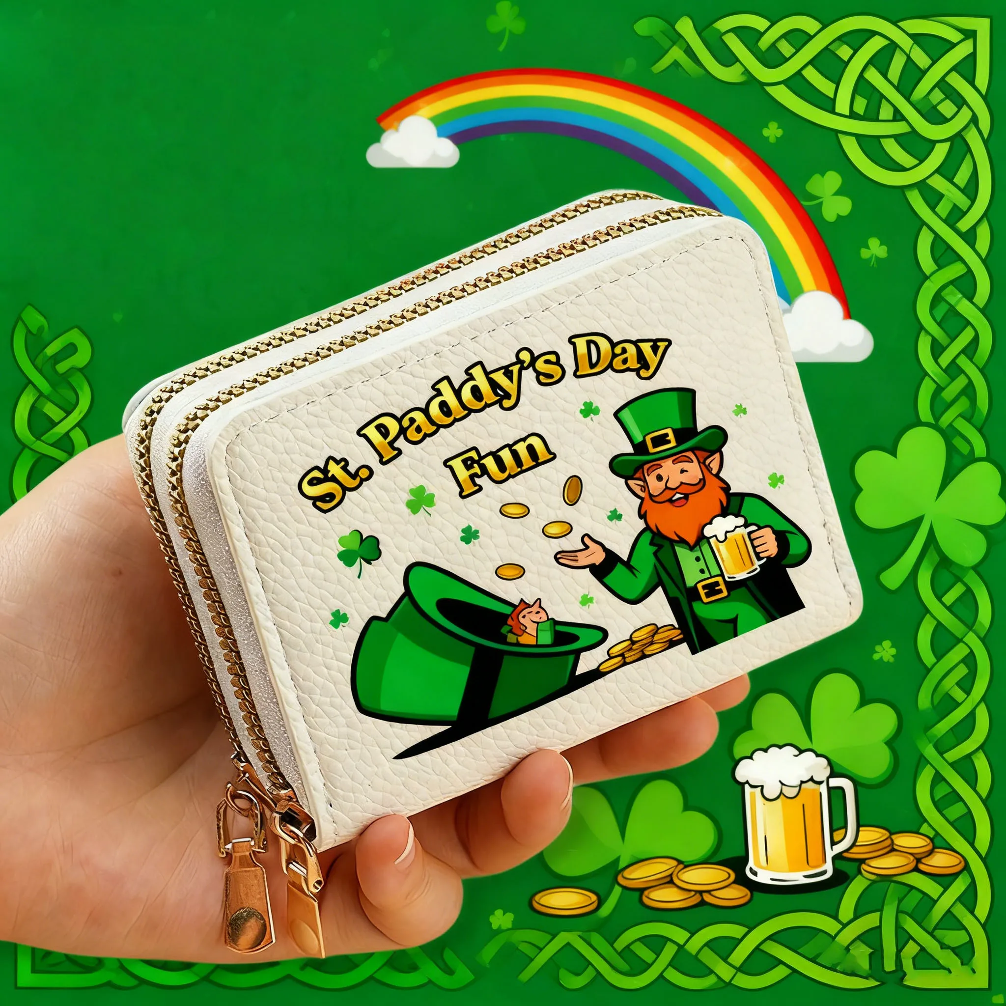 قطعة واحدة من محفظة النقود المعدنية العصرية بنمط عيد القديس باتريك بسحاب مزدوج للتخزين، حزمة بطاقات متعددة، محفظة بمقبض هدية العيد