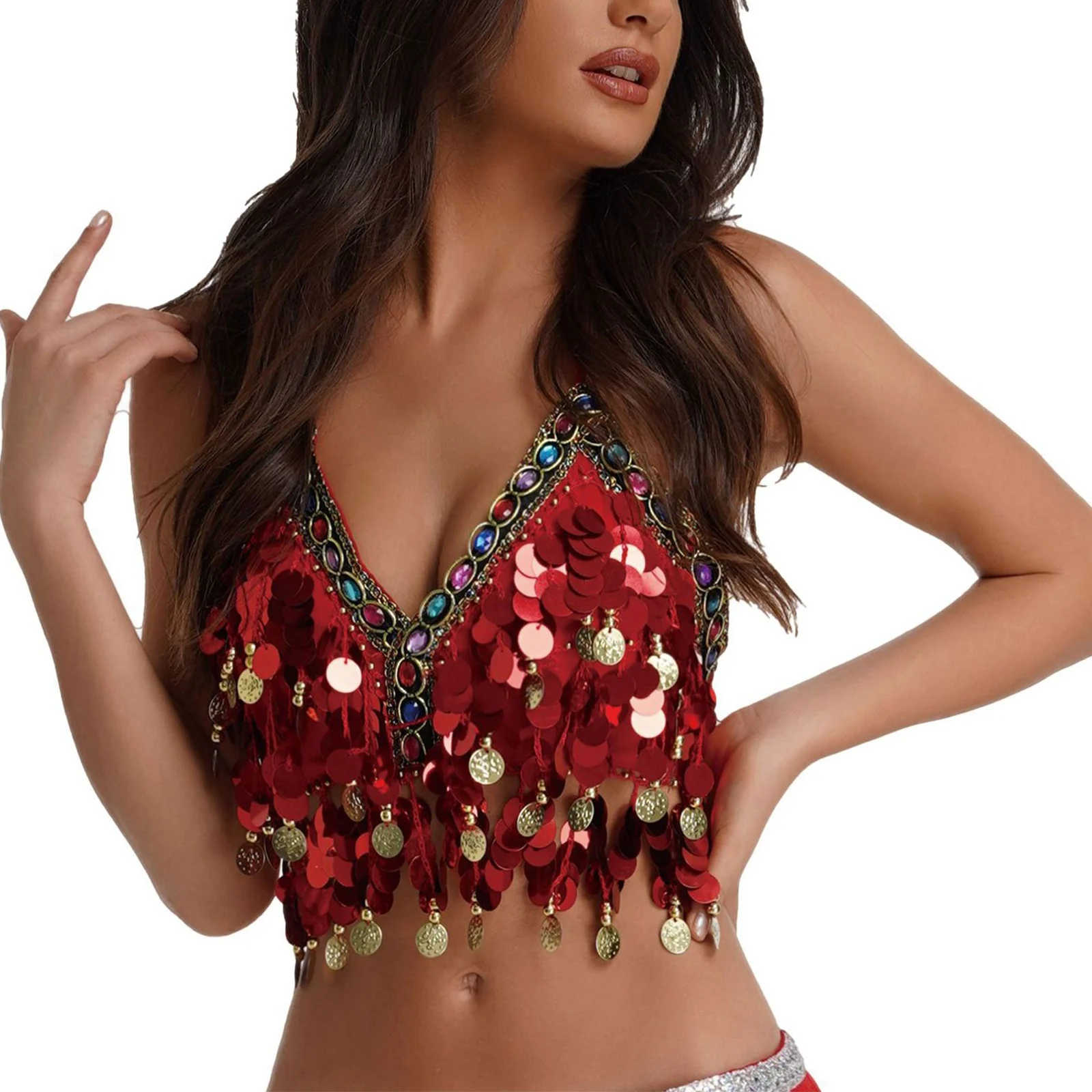 Damski seksowny top z cekinami i frędzlami do tańca brzucha, cekinowy top z frędzlami, damski top z cekinami, błyszczący kostium do tańca brzucha