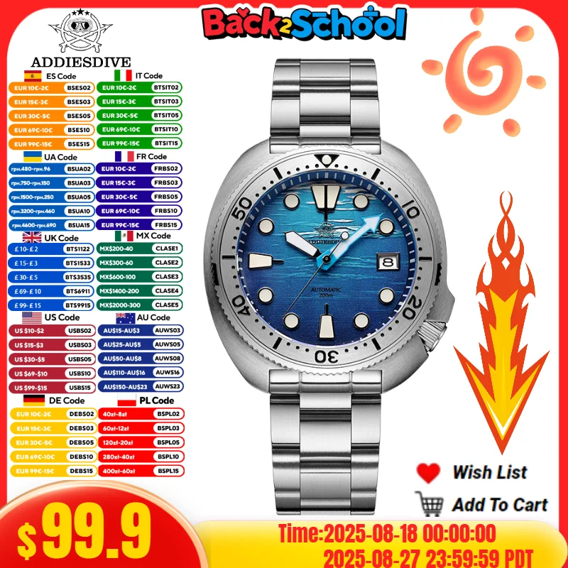 

ADDIESDIVE AD2045 NEW Men Mechanical Watch 200m Diving Sapphire Glass Blue Luminous Automatic Watch NH35 Relogios Masculino