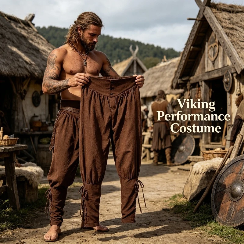 Men's Photobooth Props Viking Pants with Ankle Strap Design Are Perfect for Renaissance Role-playing and Medieval Expos