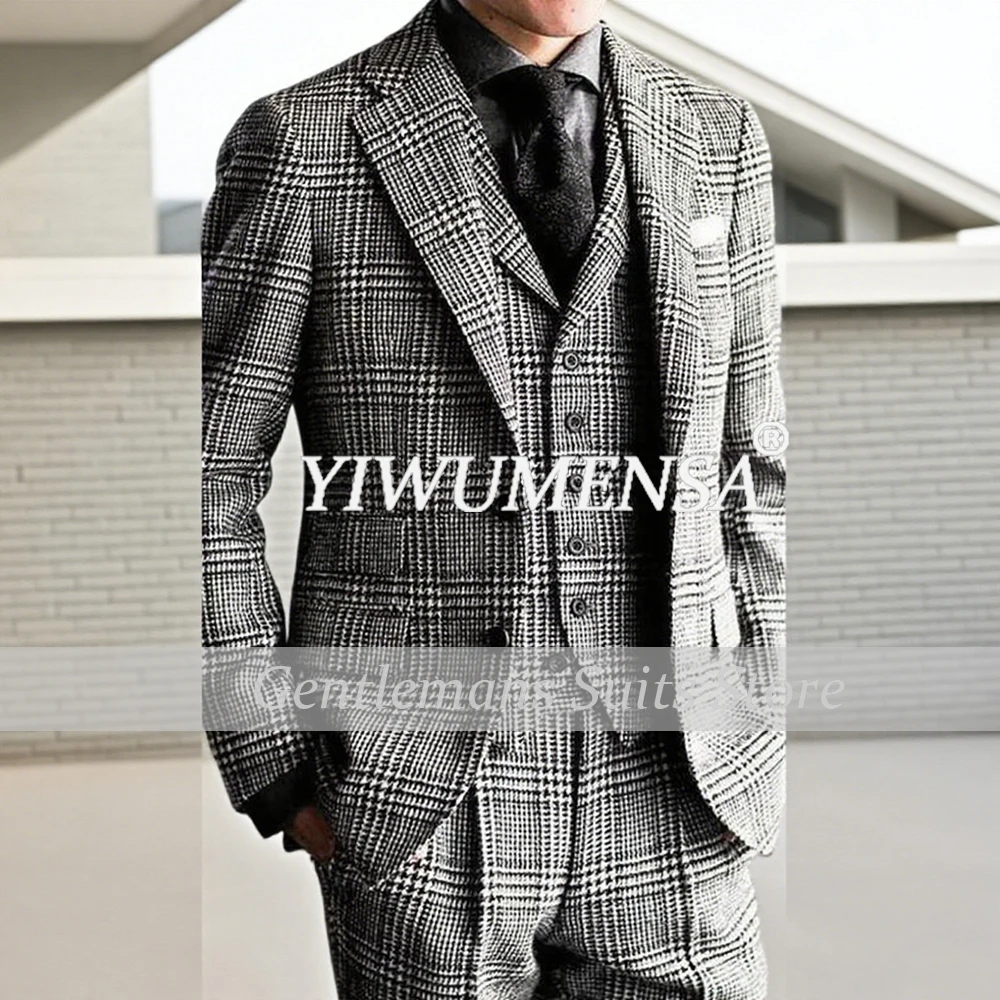 

Classic Business Suits For Men Plaid Check Single Breasted Prom Blazers Customized 3 Pieces Sets Man Formal Party Groom Tuxedos