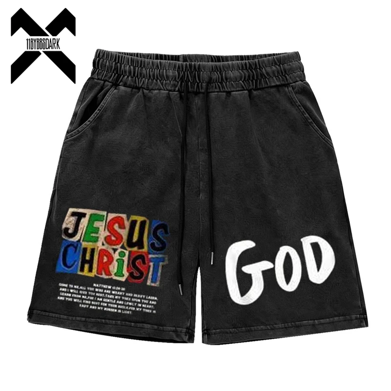 Men Summer Streetwear Letter Graphic Shorts Washed Distressed Shorts Loose Casual Trendy Brand Short Trousers