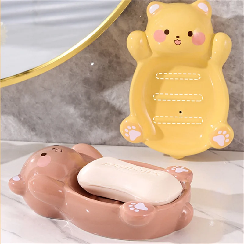 Cartoon Teddy Bear Ceramic Soap Box Creative Soap Box Hand Washing Countertop Water Filtering Drainage Storage Soap Box