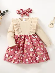 2PCS Toddler Girl Long Sleeve Floral Dress+Headband Cute Girls Spring&Autumn Dresses Children Girl Clothes for Kids 0-3 Years