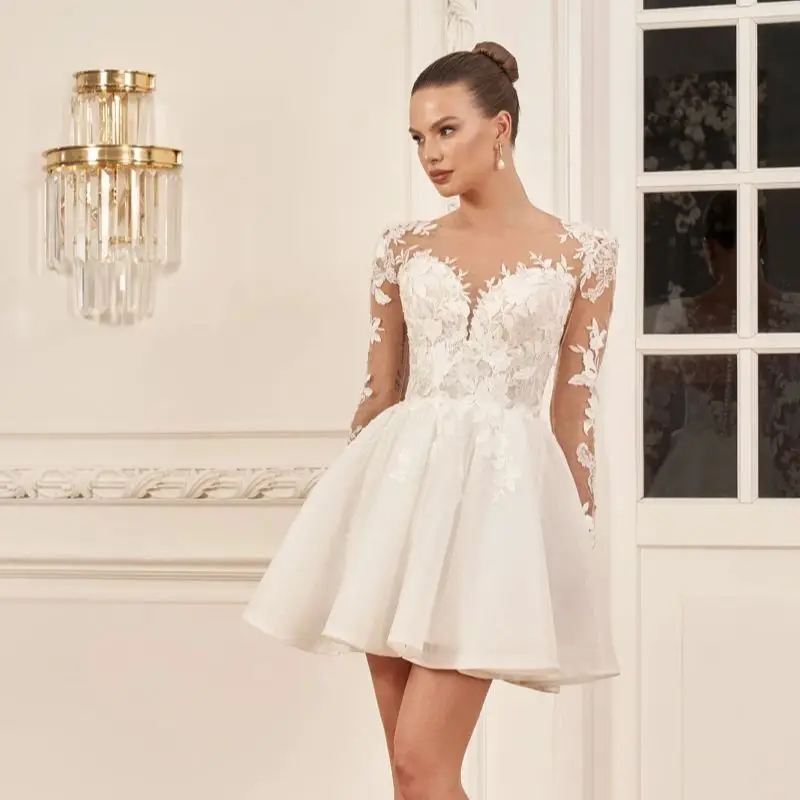 vestidos de novia Short Wedding Dress Ankle Length For Women  Lace Appliques Bridal Gowns Customize To Measures Buttons Back