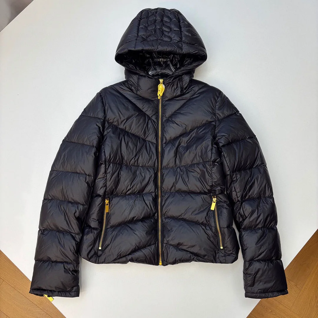 

2025 New Winter White Duck Down Coat Women Gold Ear Zipper Hooded Long Sleeve Back Embroidery Casual Warm Jacket
