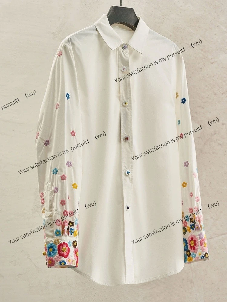 

Рубашка-поло ZOCI с лацканами, свободный белый топ с длинными рукавами, изысканная цветочная вышивка, женственная элегантность 2025 г.