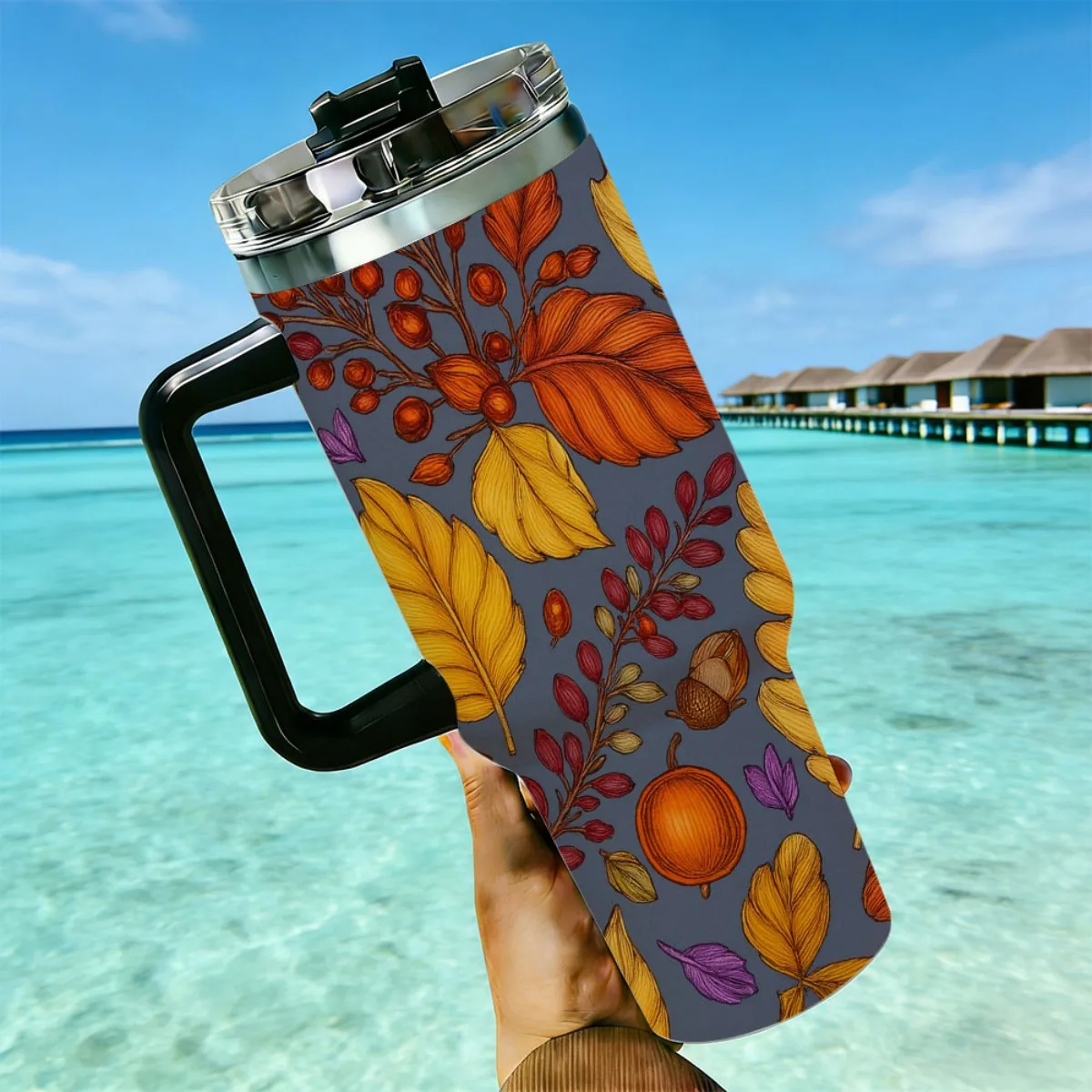 40oz Autumn Maple Leaf Acorn Pumpkin Berries Gray Background Print Stainless Steel Tumbler With Handle Straw Lid 24 Hours Cold Insulated Travel Water Cup