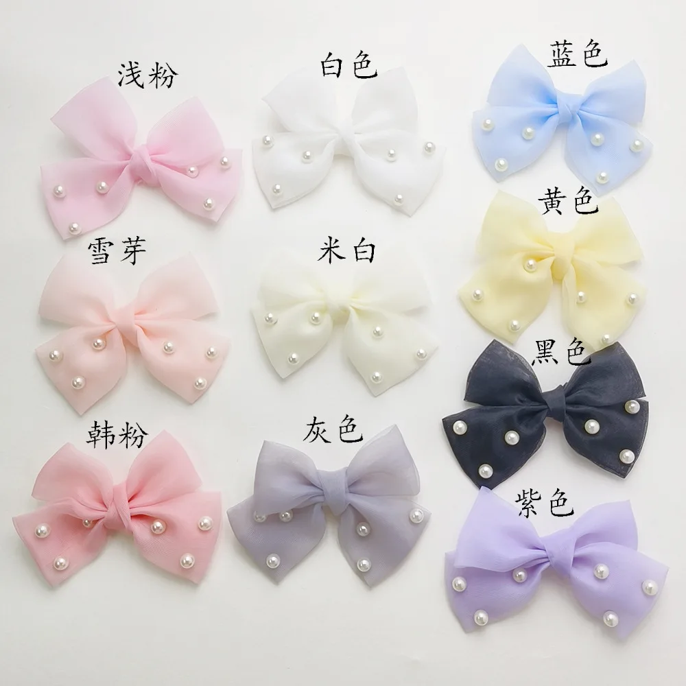 10 teile/los 8*5,5 cm DIY handgemachte süße Gaze Perle Bogen gepolsterte Patches Applikationen für Kleidung Nähen liefert DIY Haarschmuck