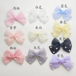 10pcs/lot 8*5.5cm  DIY Handmade  Sweet gauze pearl bow Padded Patches Appliques For Clothes Sewing Supplies DIY Hair Decoration