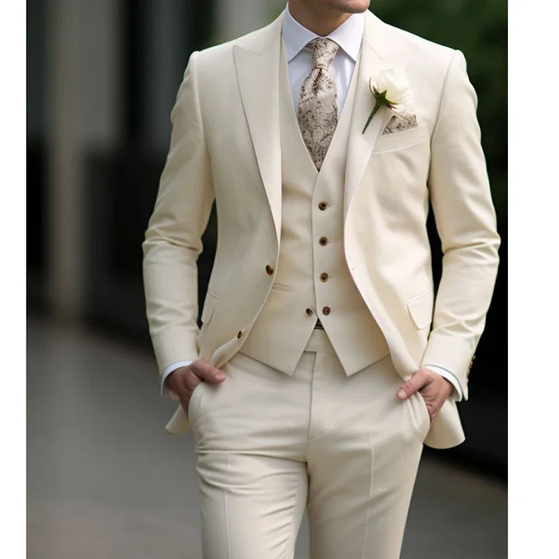 High Quality Elegant Wedding Men Suits Solid Color Peak Lapel Single Breasted Formal Blazer Bespoke 3 Piece Jacket Pants Vest