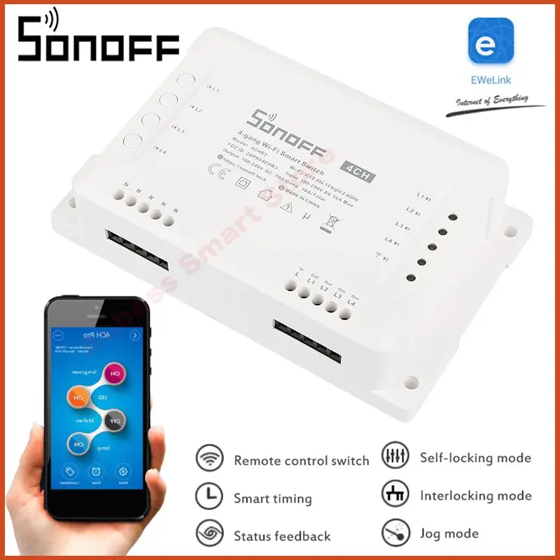 

SONOFF 4CH R3 ITEAD 4 Channel Din Rail Mounting WiFI Switch Wireless Smart Switch WiFi Mobile App Wireless Remote Control Switch