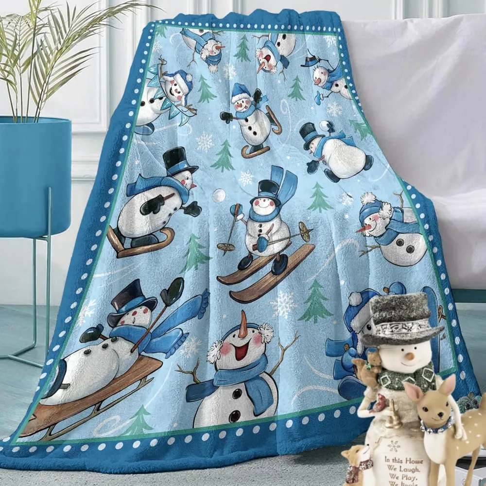 Winter Skiing Snowman Blue Flannel Blanket Gifts for Kids Men Women, Christmas Seasonal Soft Blanket for Bedding Sofa