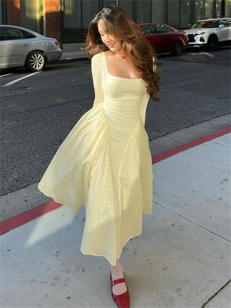 

Tossy Summer Square Collar Contrast Maxi Dress For Women High Waist Long Sleeve Fashion Elegant Commute Dress Female Long Dress