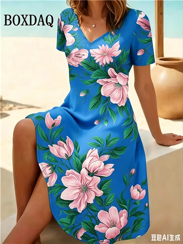 3D Flowers Printed Short Sleeve Dress Summer Plus Size Women's Clothing 2026 V-Neck Short Sleeves Loose Casual Retro Dress 6XL
