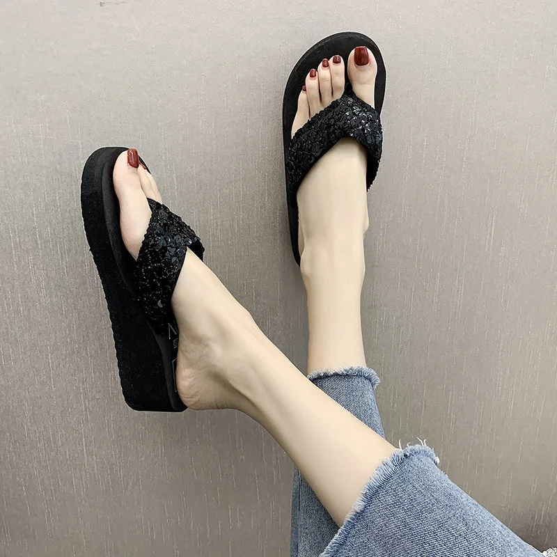 2024 New Women Flip-flop Solid Slides Women Sandals Ladies Thickness Sequin Shoes Slippers Beach Shoe Indoor House Zapatos Mujer