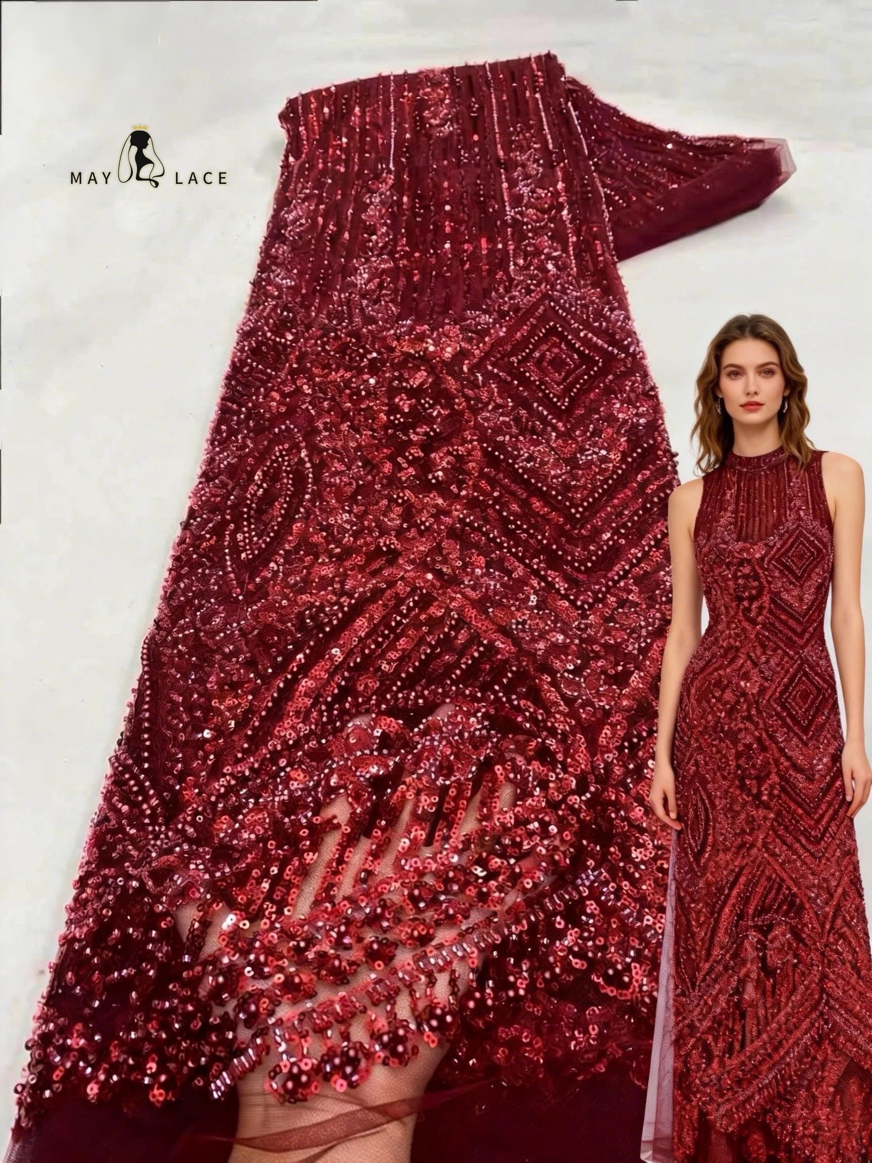 

Nigerian lace fabrics Beaded African Lace Fabric 5 Yards Tulle Mesh Sequins Embroidered for Weddings Party Dresses French Style