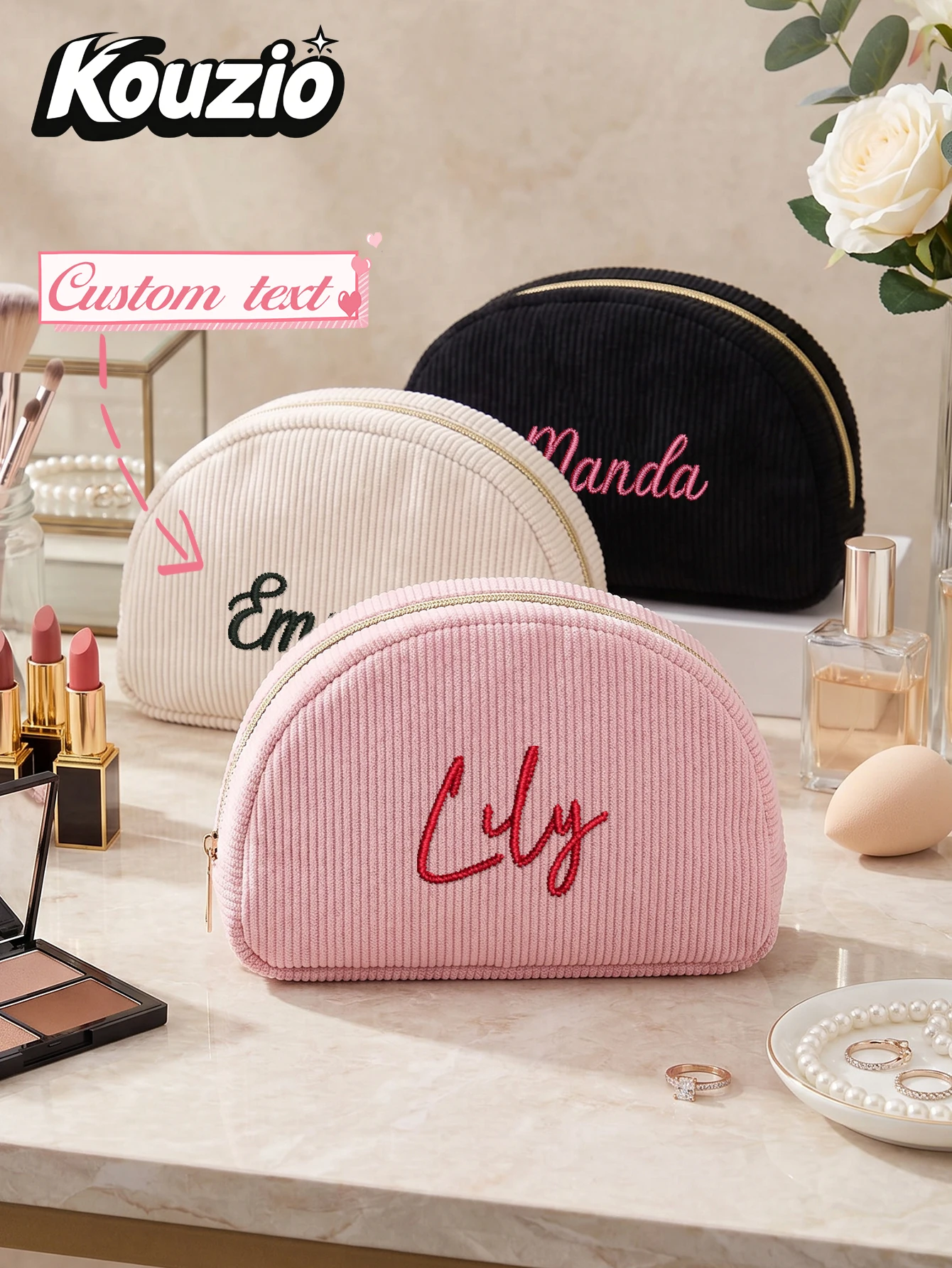 Custom Name Embroidered Dome Makeup Bag Corduroy Zipper Cosmetic Case Personalized Travel Toiletry Pouch Beauty Organizer