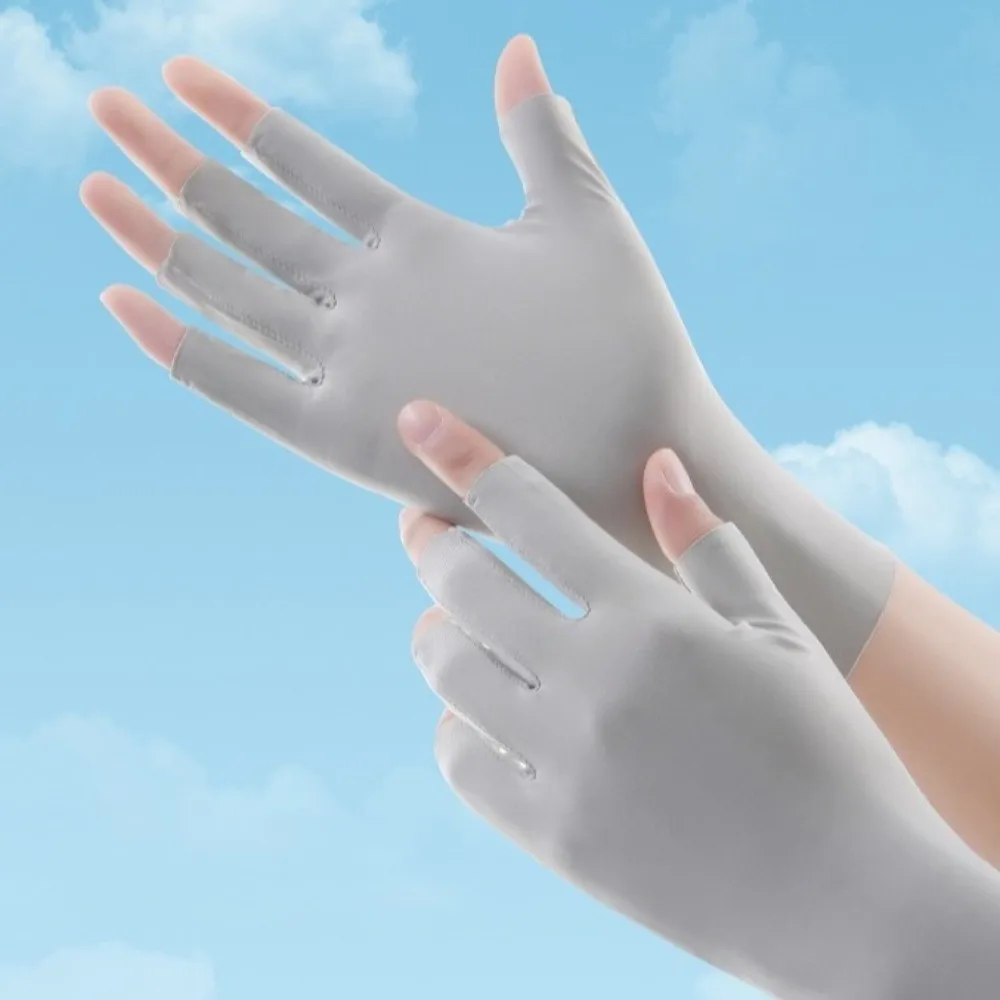 Simple Solid Color Sun Protection Gloves Anti-skid Anti-Uv Women Fingerless Gloves Thin Ice Silk Half-Finger Mitten Outdoor