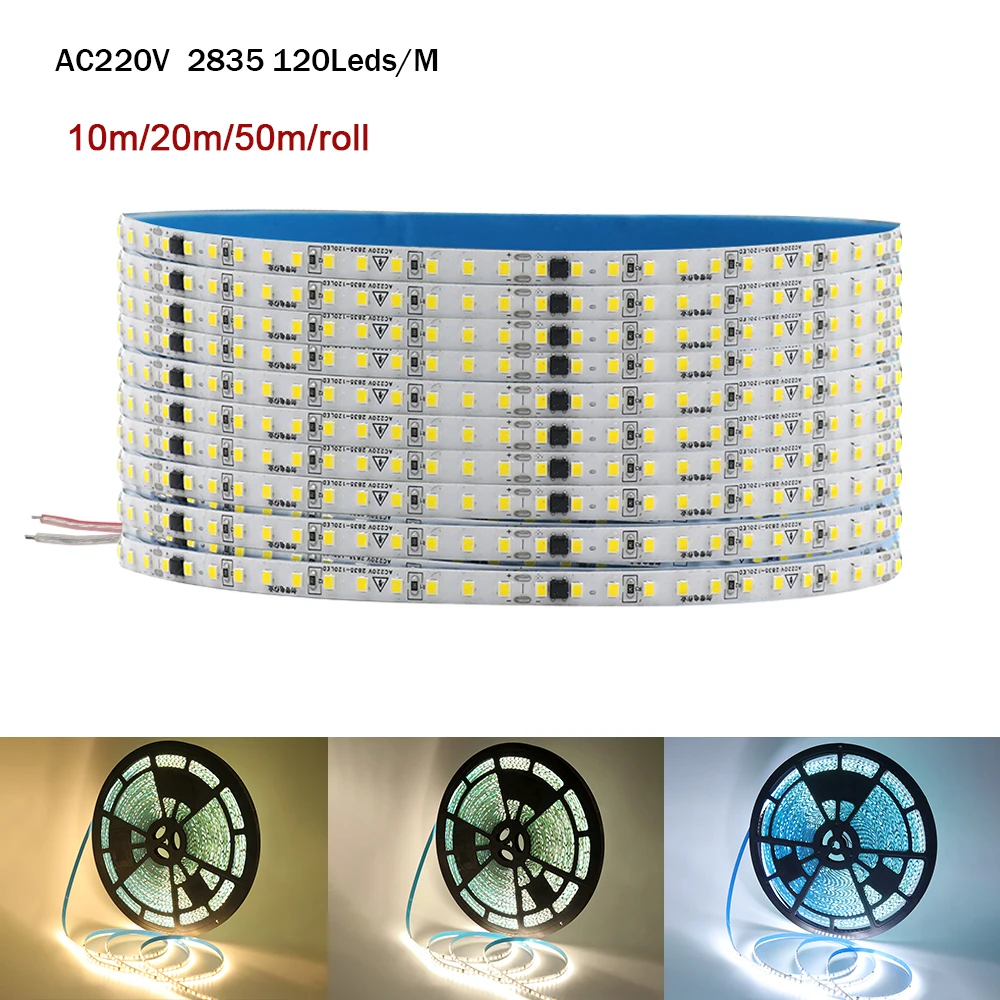 

220V LED Strip 2835 120LEDs/m Flexible LED Light 10m 20m 50m IP55 Waterproof Outdoor LED Tape White/Warm White/Natural White