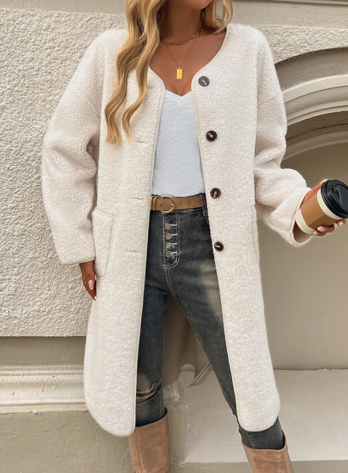 Women's Casual Breasted Pocket Round Neck Windbreaker Autumn & Winter Urban Style Female Solid Long Sleeve Fashion Cardigan Coat