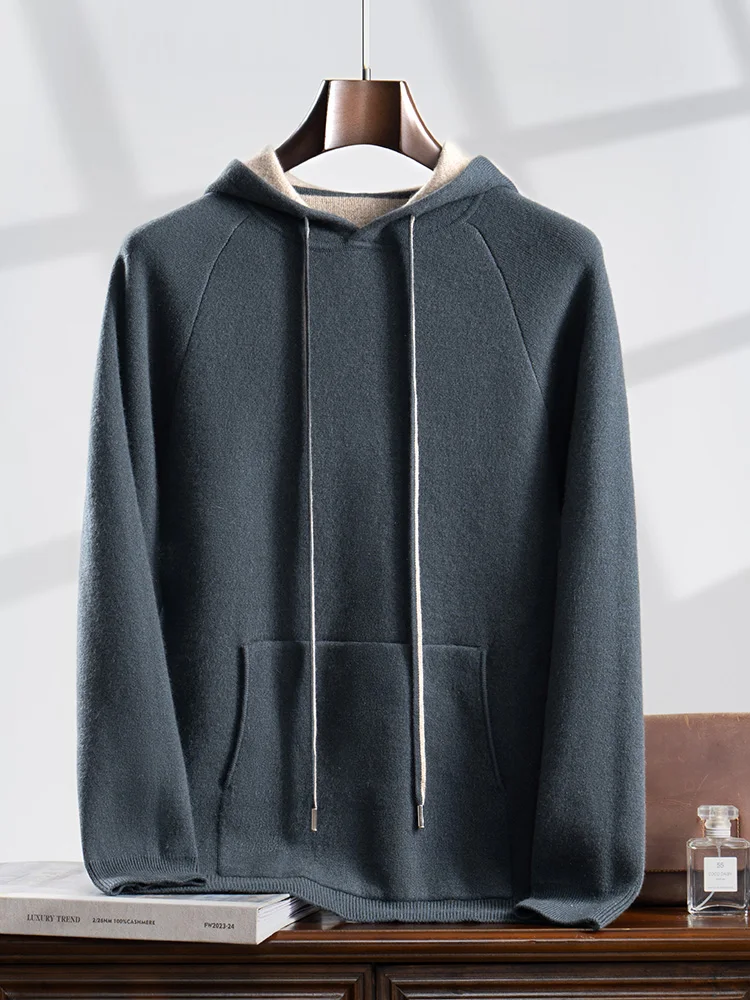 Choice Autumn Winter Men Cashmere Hooded Pullover 100% Pure Cashmere Knitted Sweater Long Sleeve Thick Soft Warm Casual Clothing